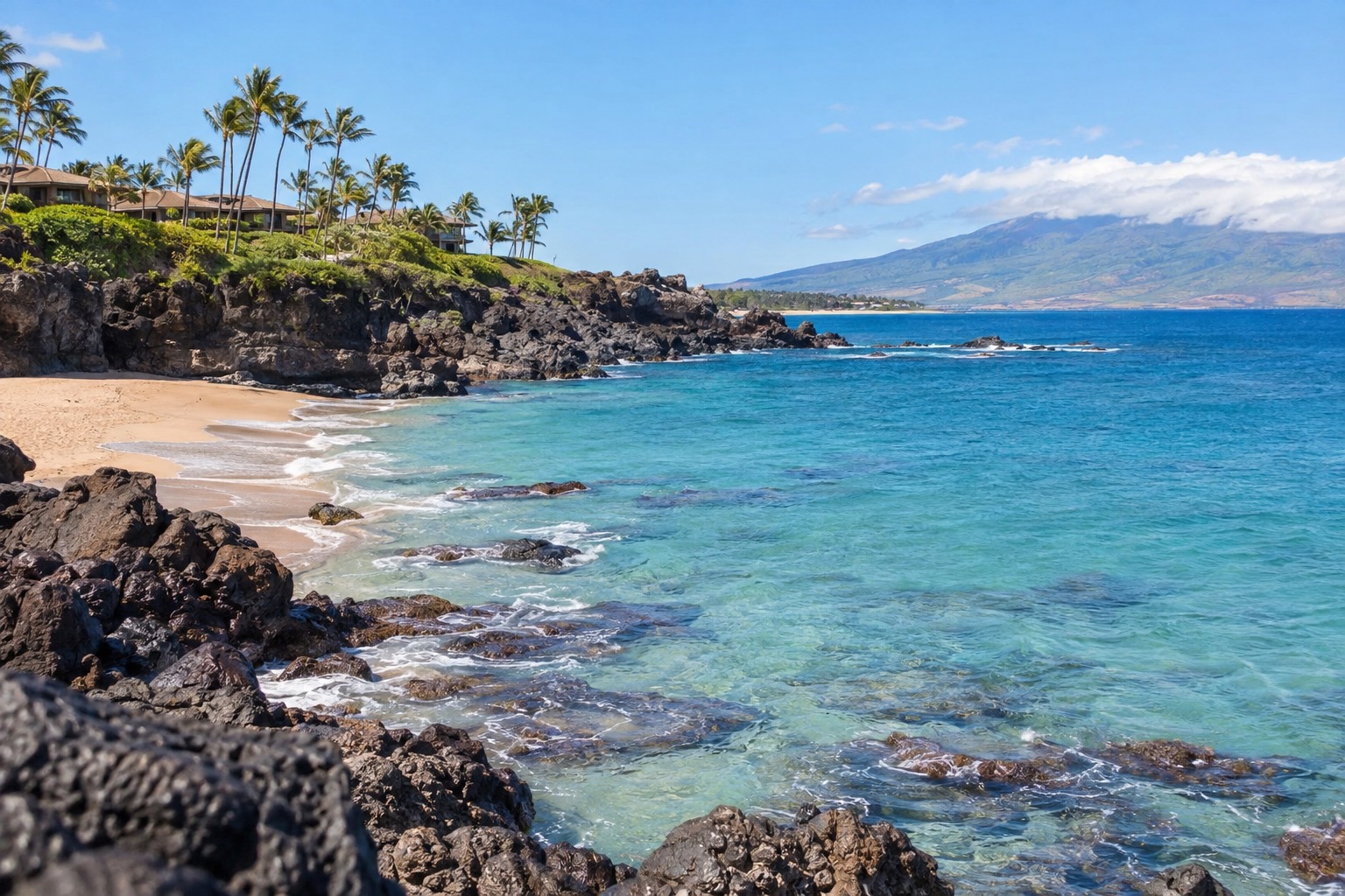 Cliffs and turquoise water at the north end of a white sand beach in Kaanapali, Maui
