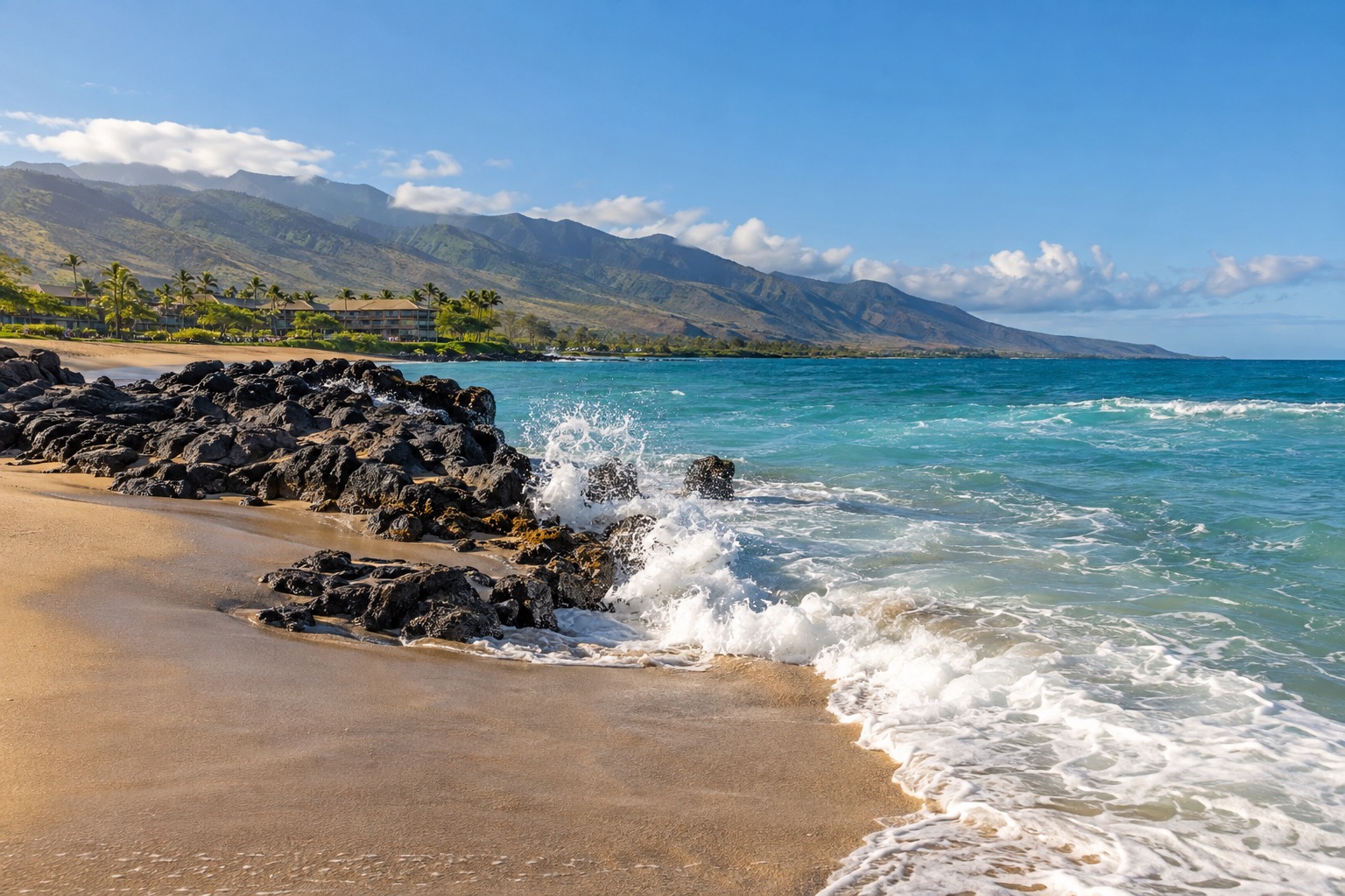 Turquoise water breaking over a black lava outcrop at the north end of a white sand beach in West Maui