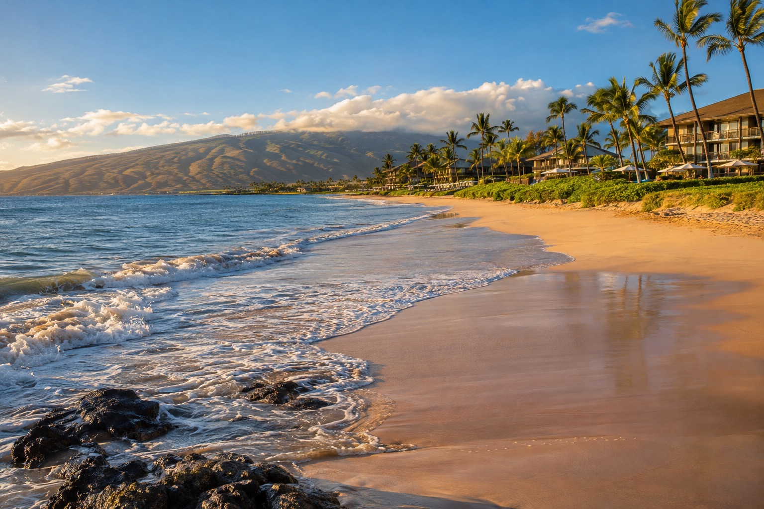 A wide white-sand beach lined with resort hotels and palm trees, waves breaking gently offshore