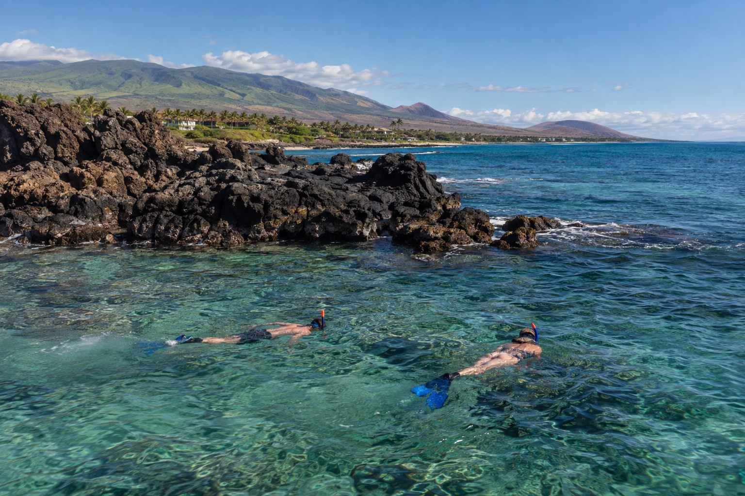 Snorkelers in clear water near a dark volcanic rock outcropping at the north end of a beach