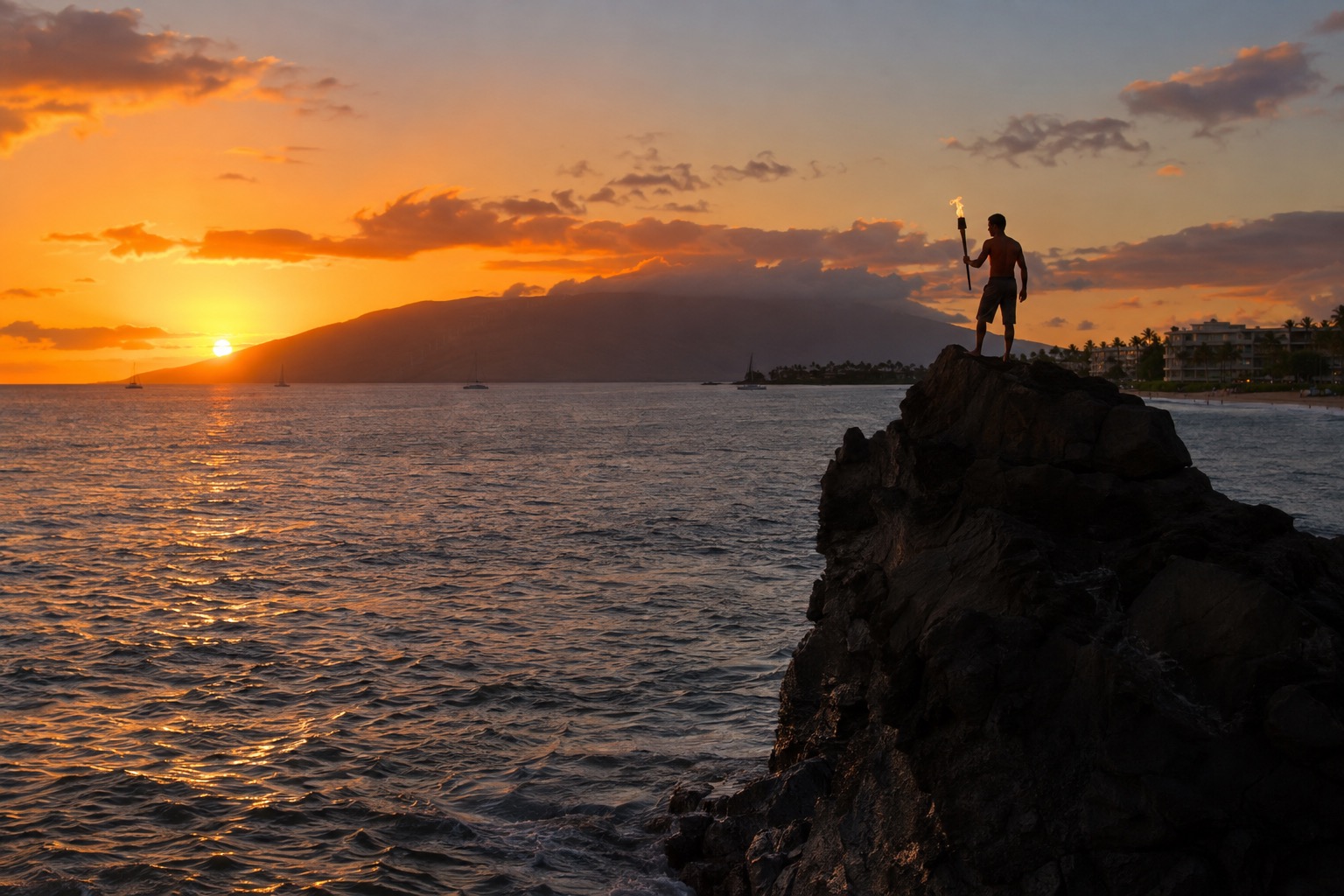 A cliff diver's torch-lit silhouette above the ocean at Black Rock, Kaanapali, at sunset