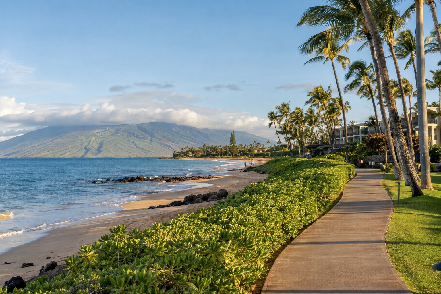 A paved beachwalk running along Kaanapali Beach with palm trees and the ocean beside it