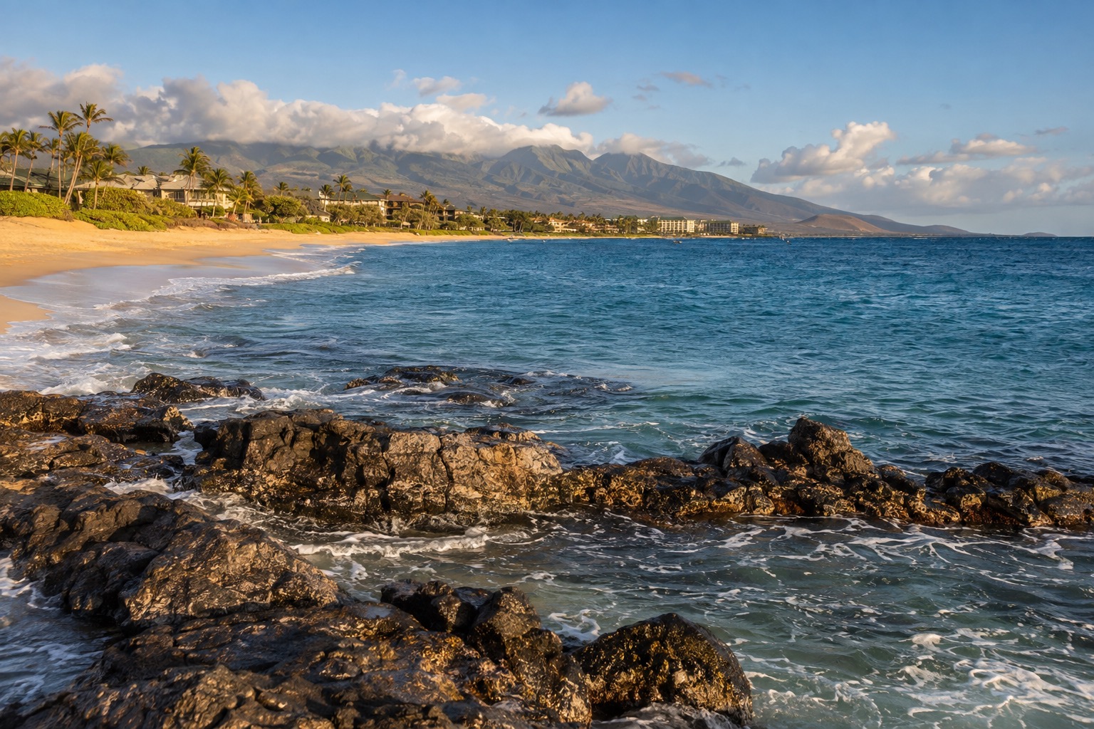 A rocky point at the north end of a white sand beach in Kaanapali, Maui