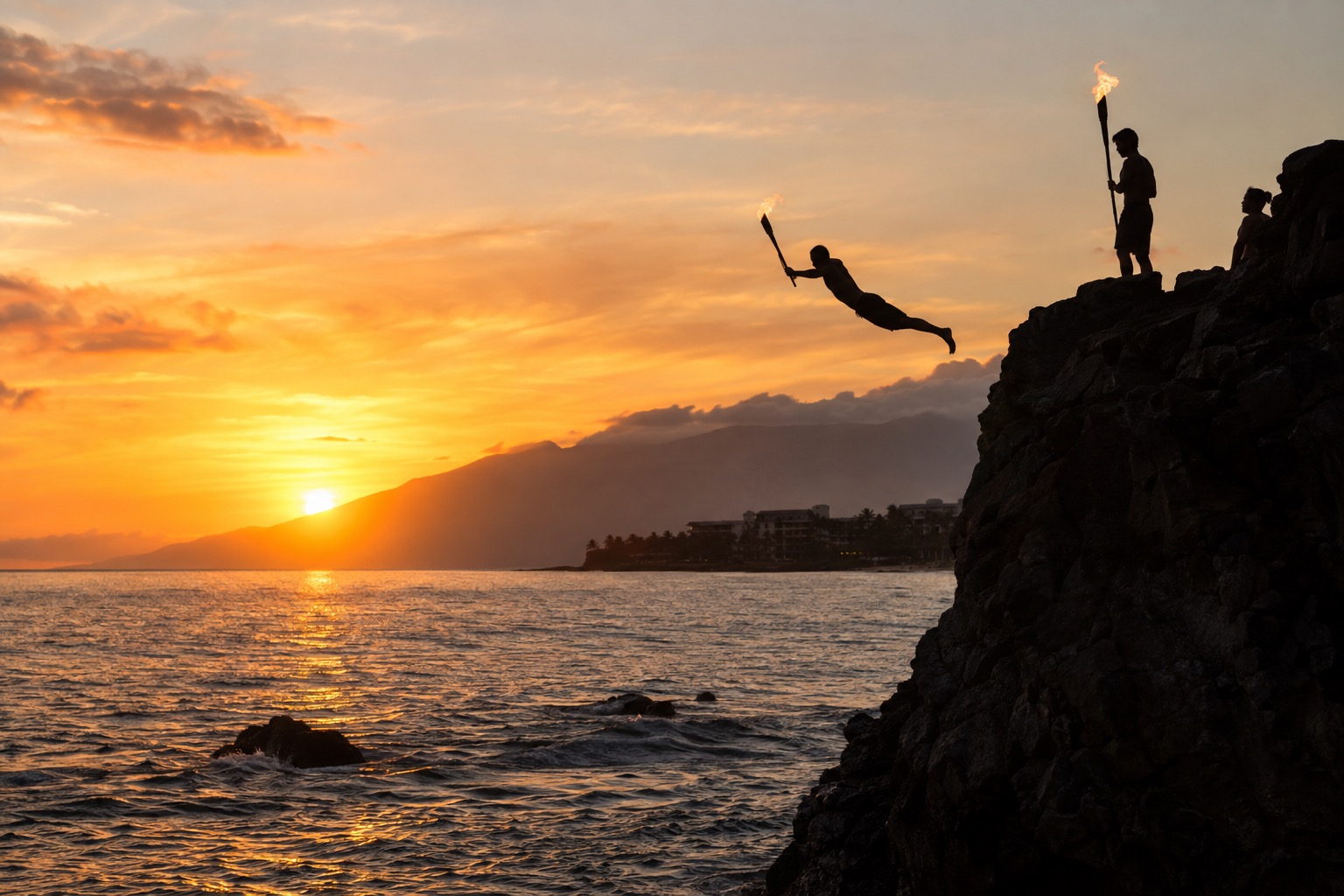 Torch-lit cliff diver leaping from Black Rock at sunset off Kaanapali Beach