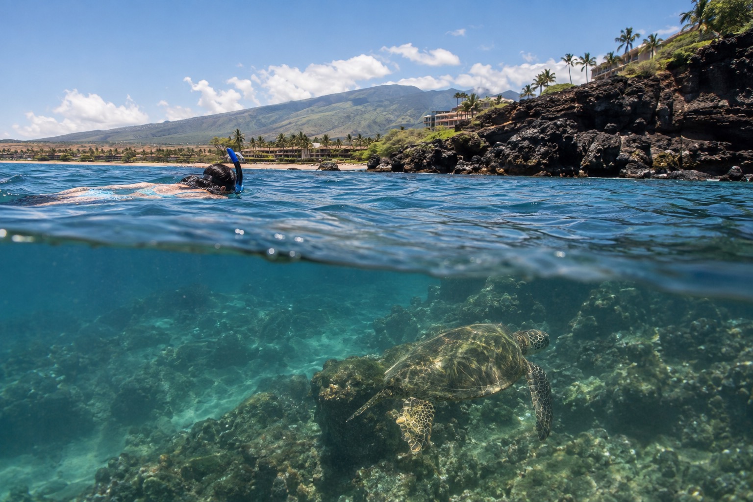Snorkeler near a rocky point with a sea turtle beneath the surface off Kaanapali