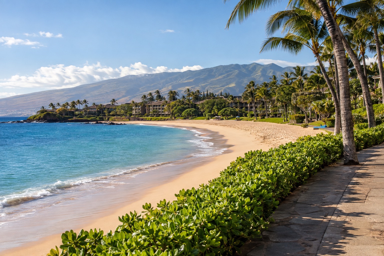 A curved white-sand beach in Kaanapali with palm trees and calm turquoise water, seen from a paved beachwalk in daylight