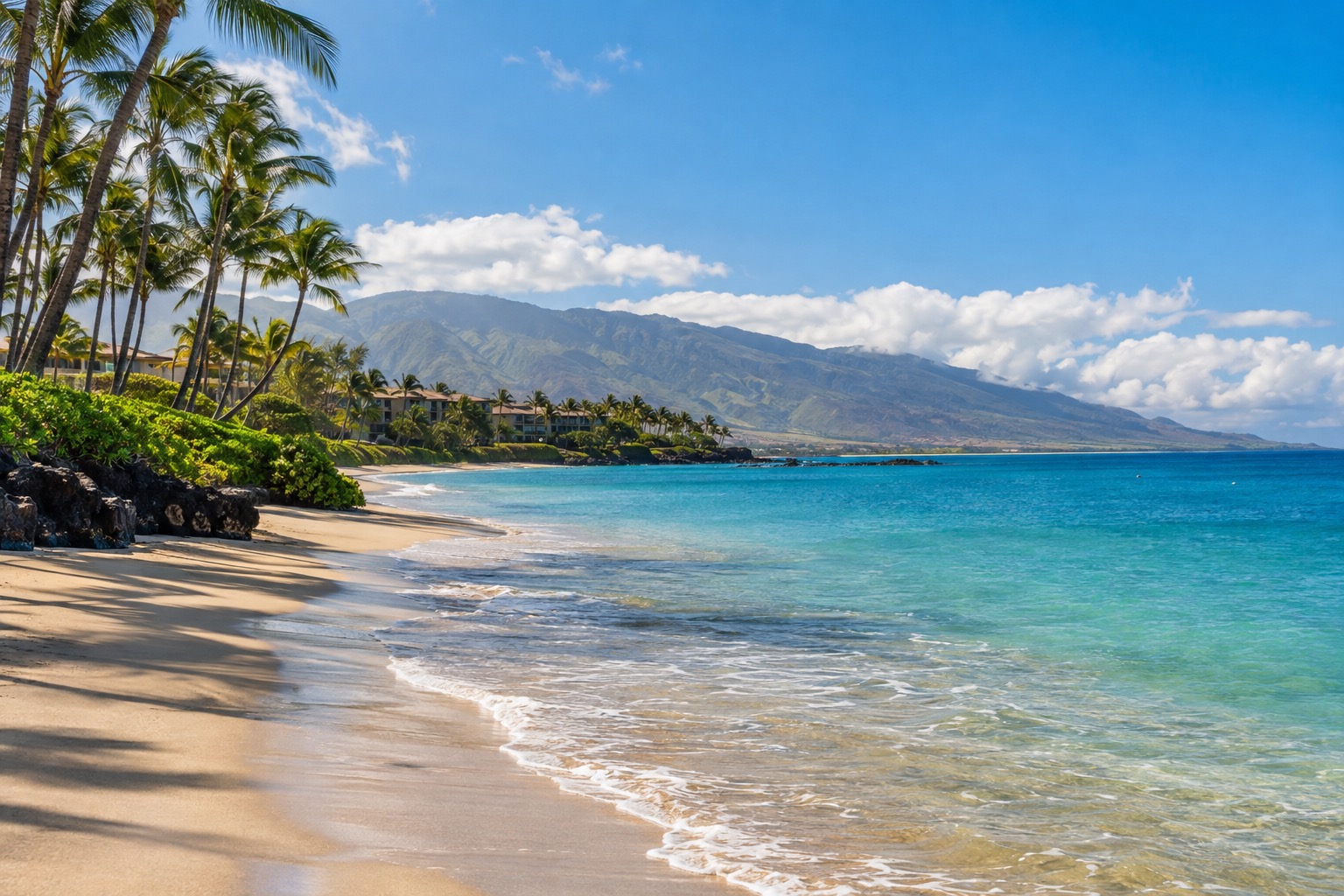 White sand beach lined with palm trees and calm turquoise water at Kaanapali, Maui