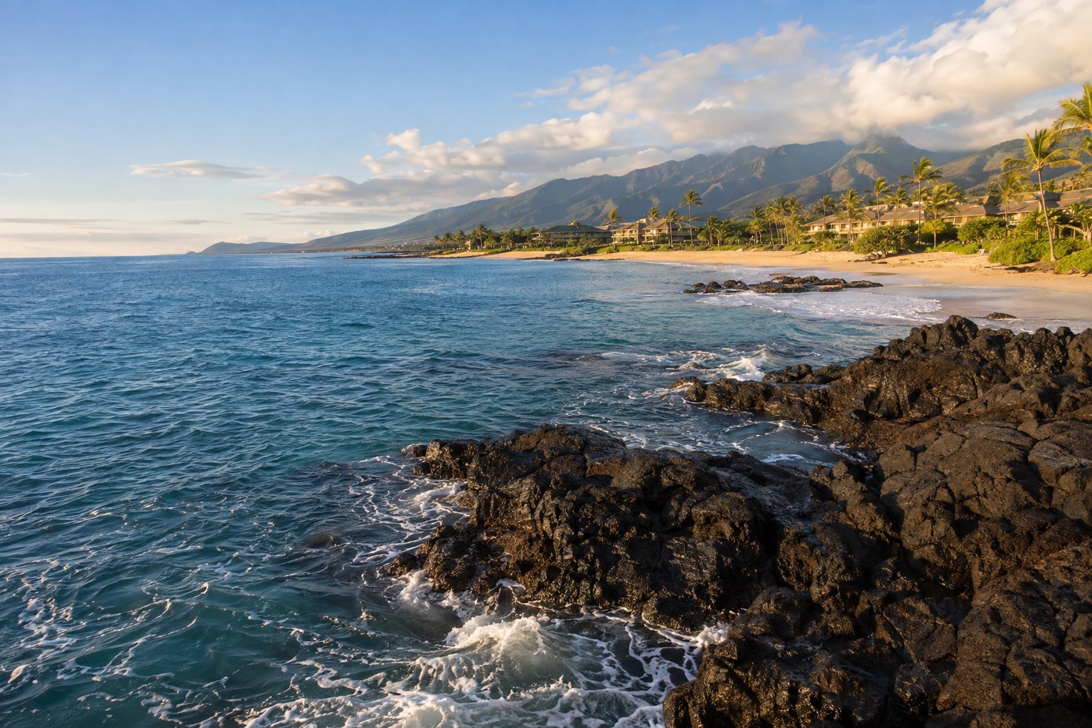 Rocky black lava point extending into the ocean at the north end of a sandy beach