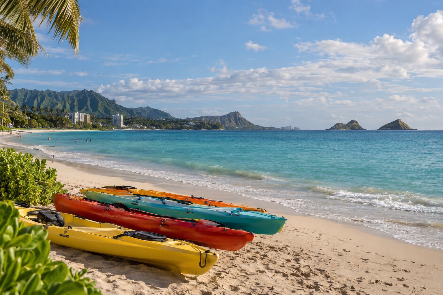Kayaks lined up on the sand at Kailua Beach with the twin Mokulua islets visible offshore