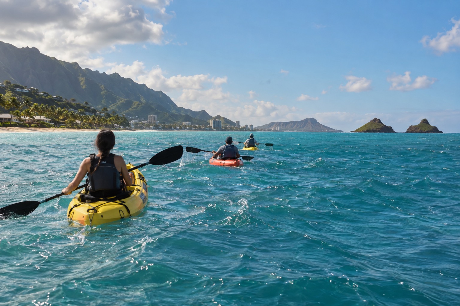 Kayakers paddling toward the twin Mokulua islets off Lanikai