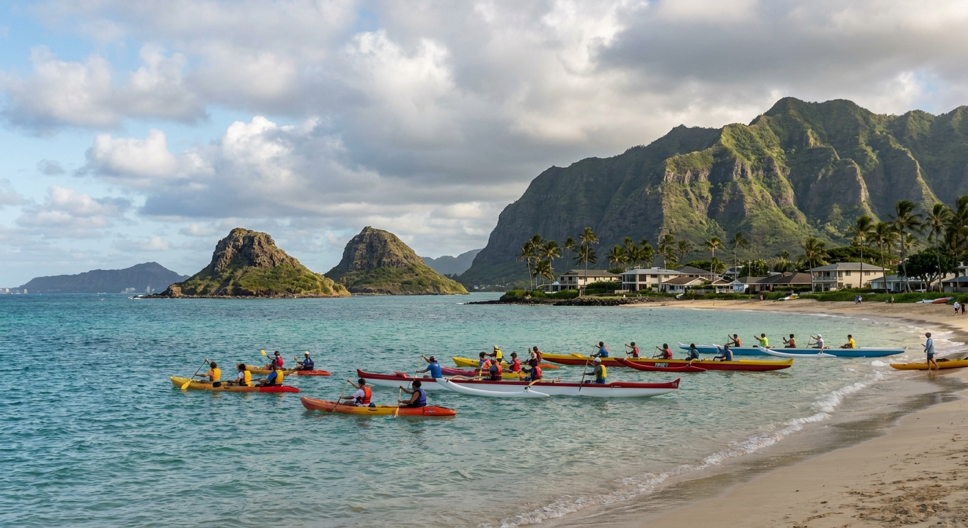 Kayakers launching from Kailua Beach toward the Mokulua islets under a partly cloudy summer sky