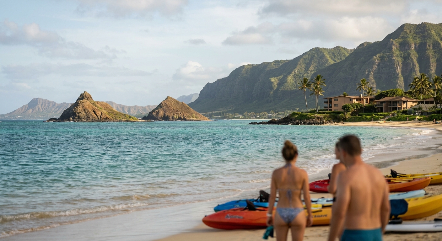 The two Mokulua islets seen from Lanikai Beach with kayaks pulled up on the sand