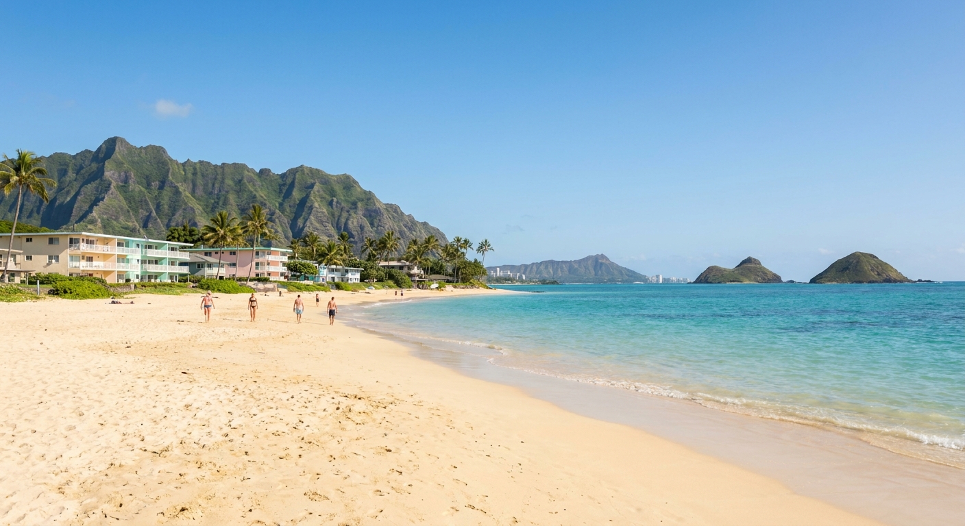 Kailua Beach's sand and turquoise water with the Mokulua islets visible offshore