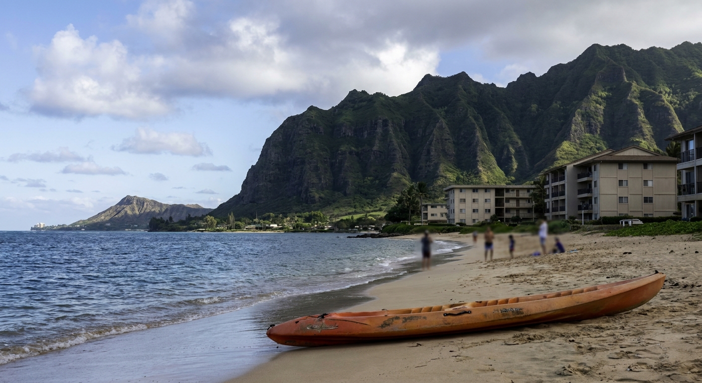 A kayak pulled up on the sand near Kailua with the Koolau ridge behind it