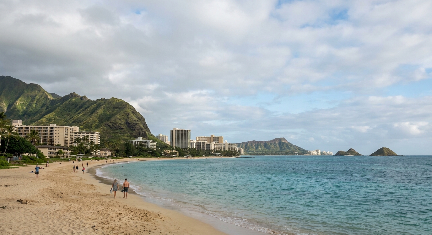 A long sandy beach with two small islands visible offshore under a partly cloudy sky