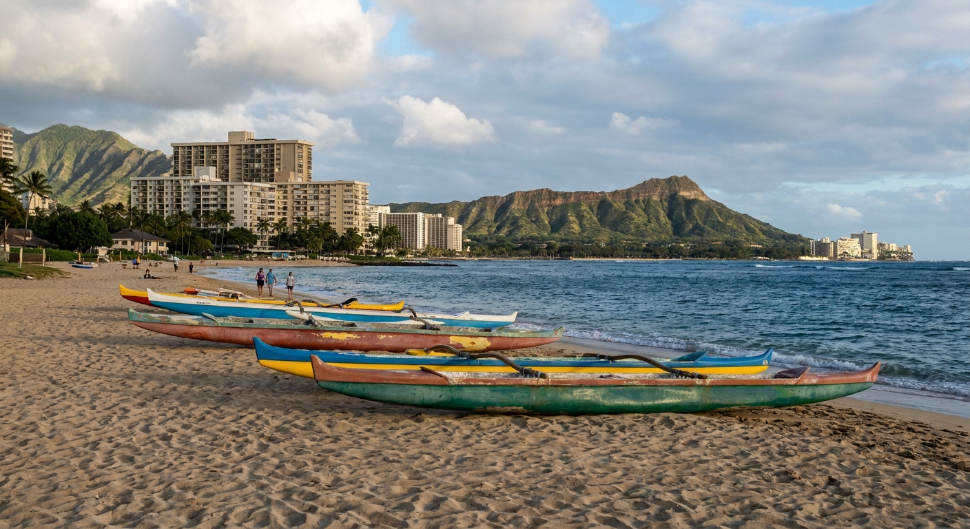 Kayaks lined up on a sandy beach with mountains in the background