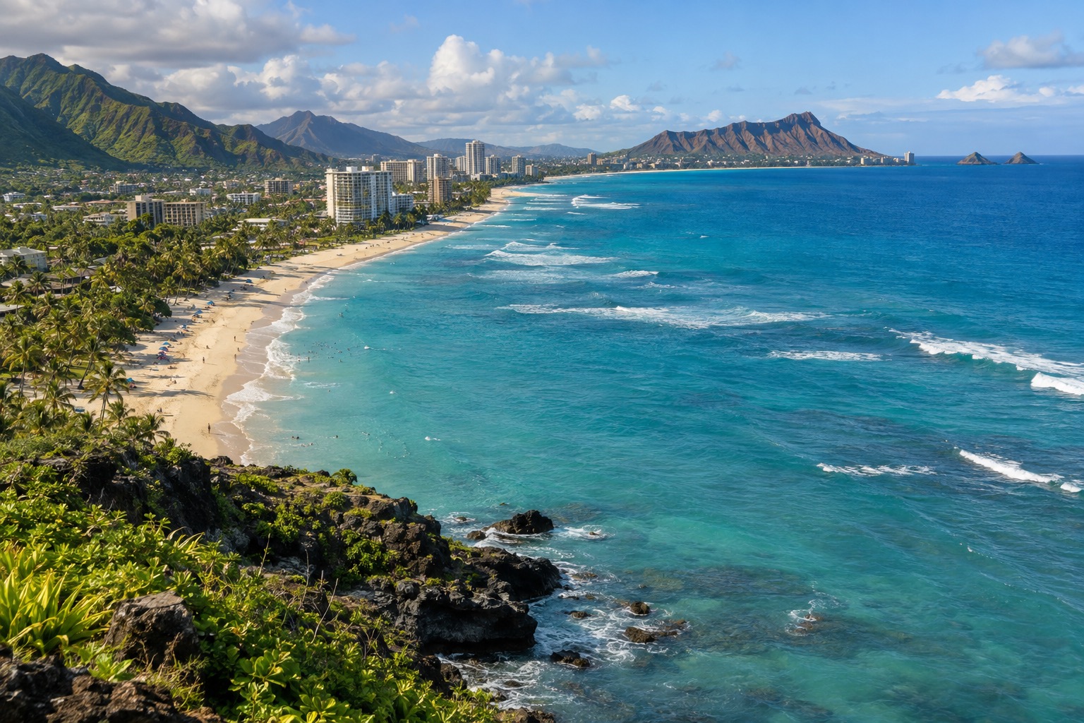 Long sandy beach with turquoise water and two small islets offshore near Kailua, Oahu