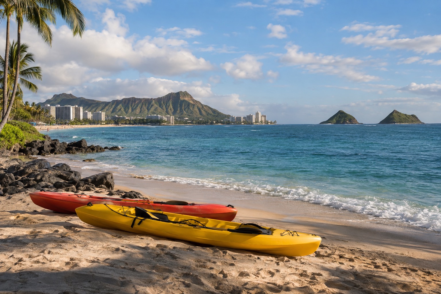 Kayaks pulled up on a sandy beach with two small green islets offshore