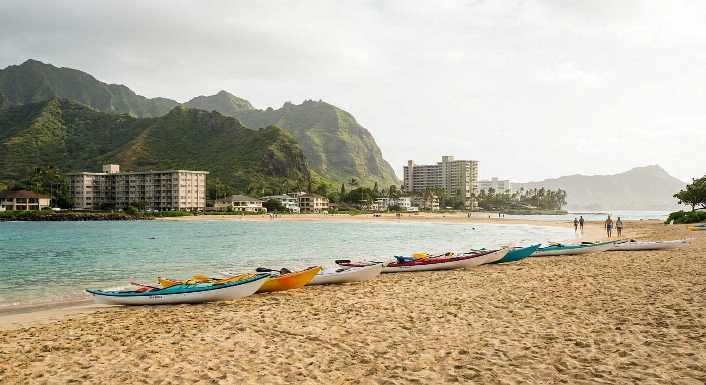 Kayaks pulled up on the sand at Kailua Beach with two small islands visible offshore