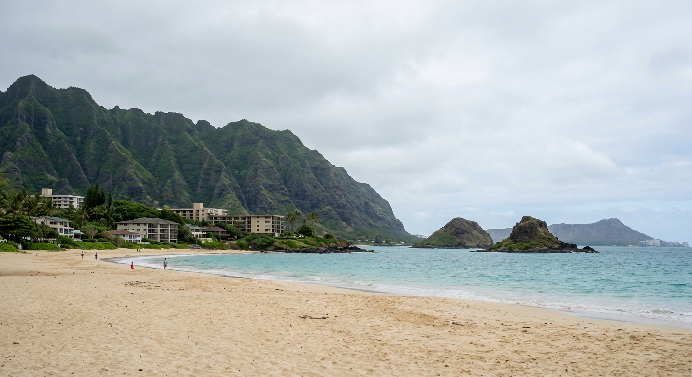 Two small islands rising offshore beyond a stretch of white sand at Kailua Beach
