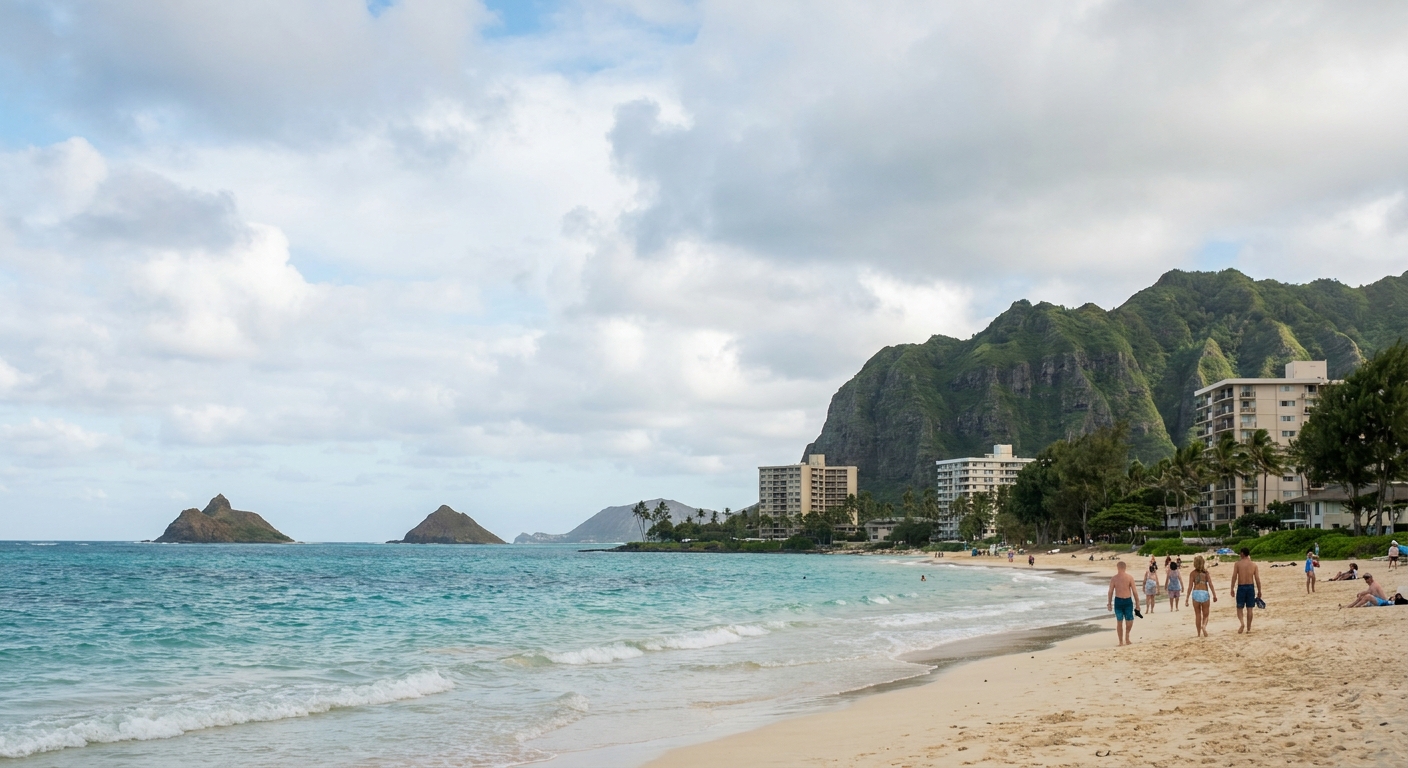 Kailua Beach's sand and turquoise water under a partly cloudy June sky, with the Mokulua islets offshore