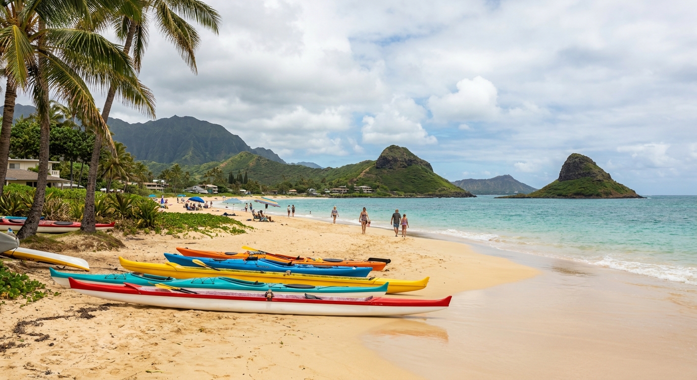Kayaks pulled onto the sand at Kailua Beach with the two Mokulua islets visible offshore