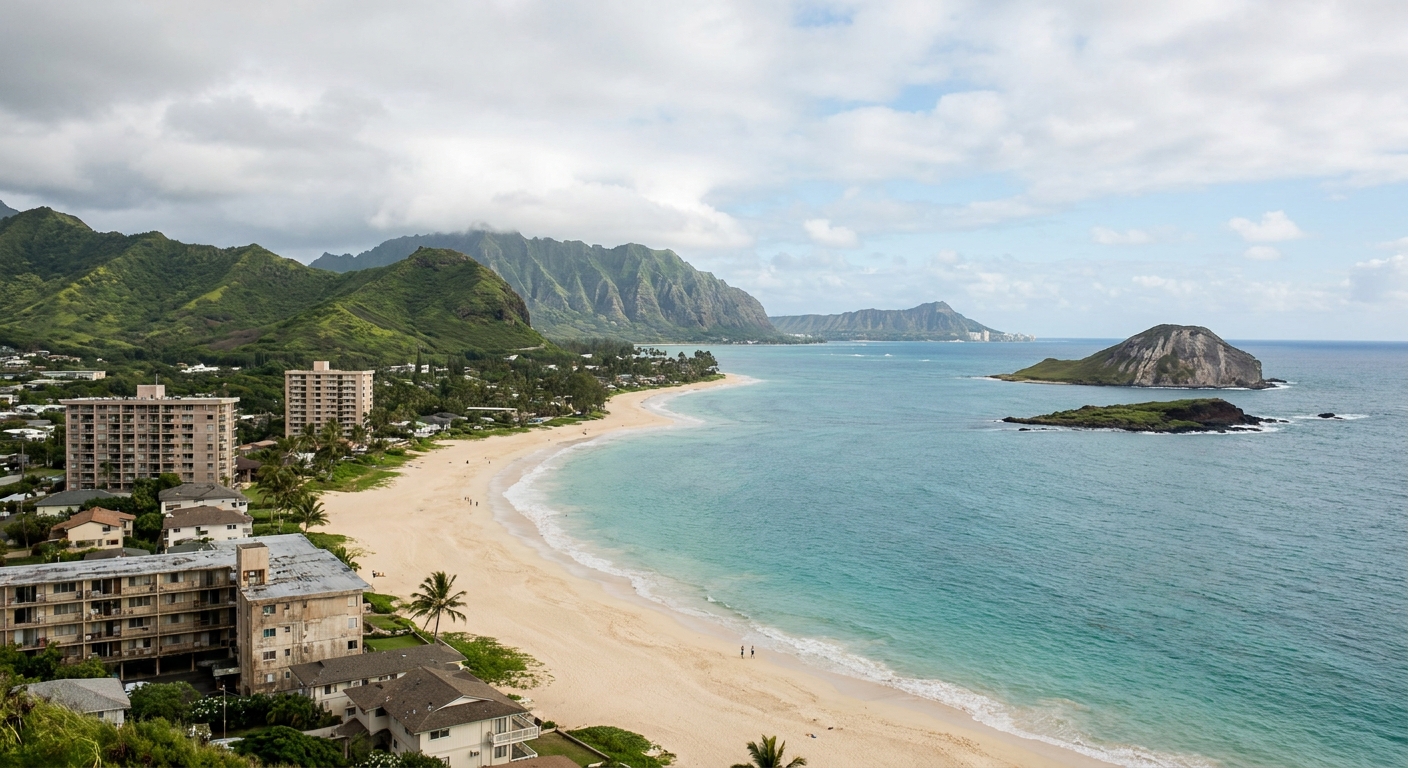 Kailua Beach's pale sand curving toward two small islands offshore under a partly cloudy sky