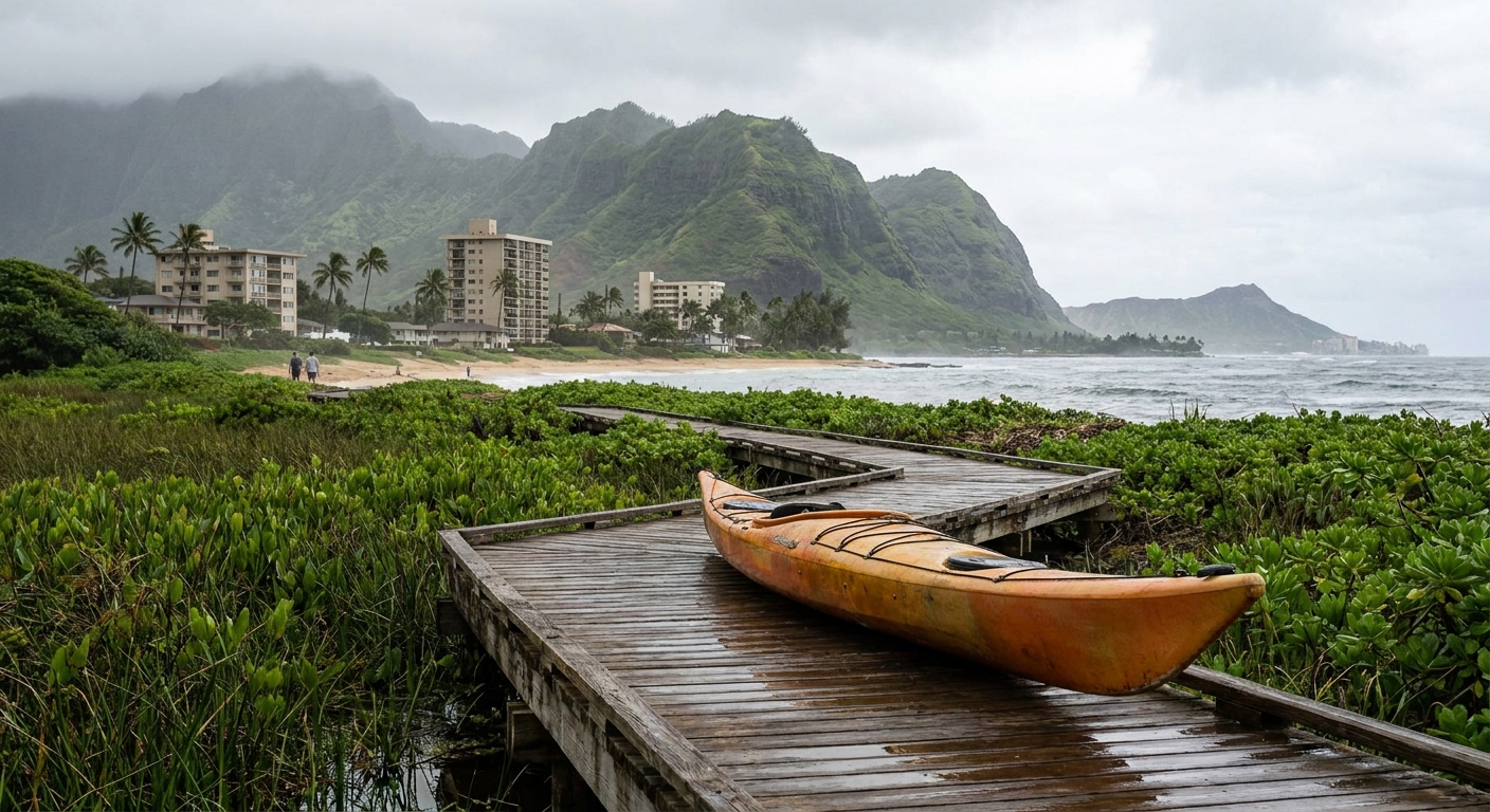 A kayak pulled up on a marsh boardwalk with green wetland vegetation and misty hills behind