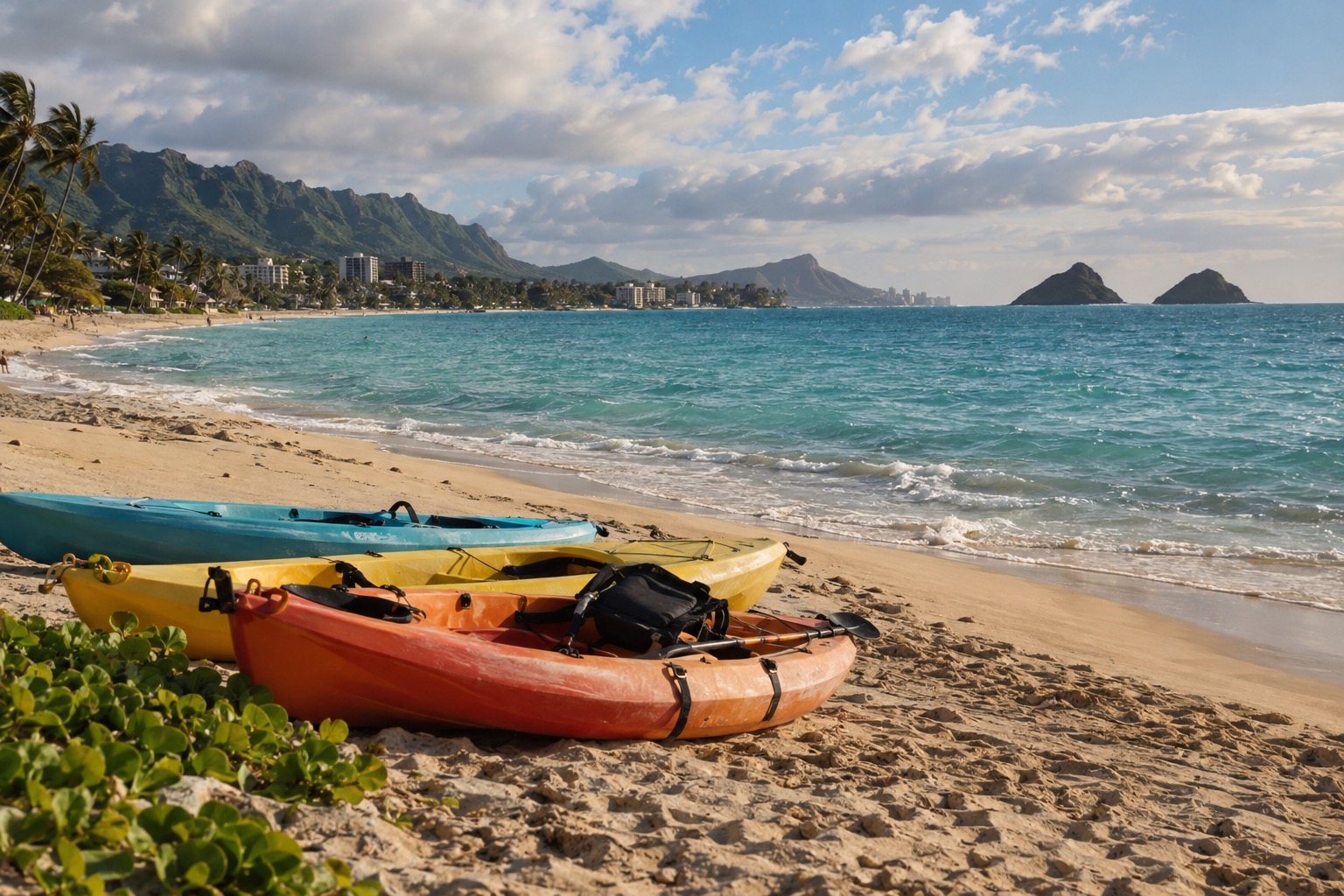 Kayaks pulled up on the sand at Kailua Beach with two small islets visible offshore