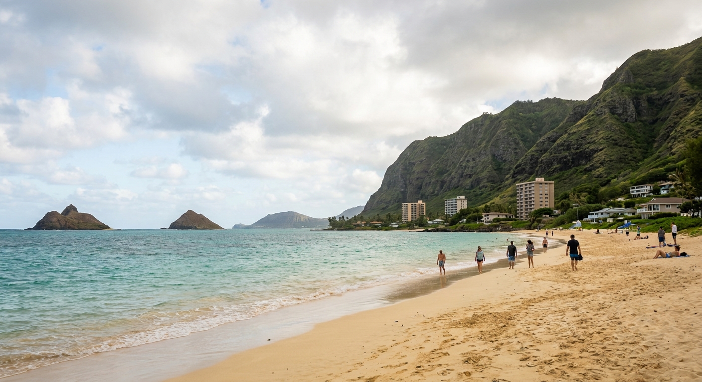 Kailua Beach's sand curving toward the Mokulua islets under a partly cloudy sky
