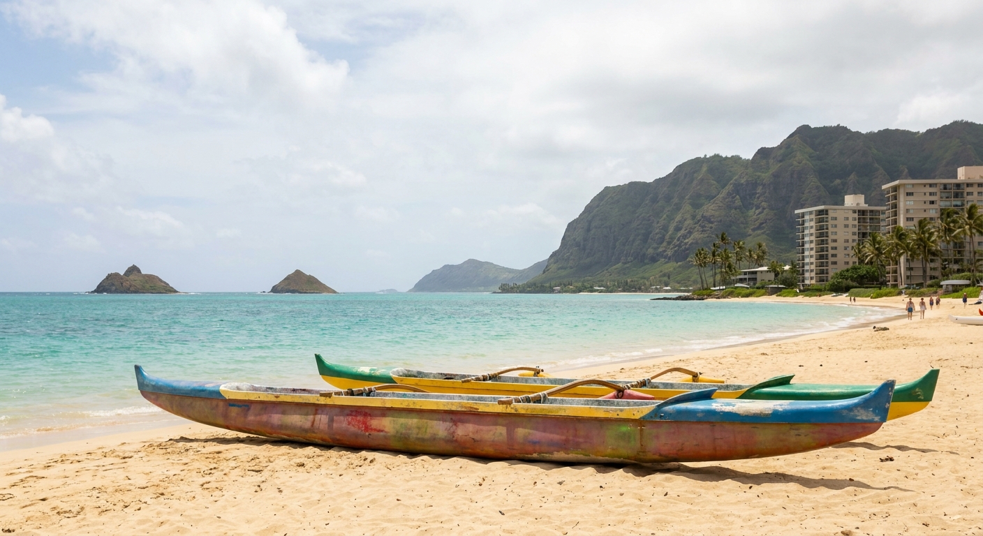 Kayaks pulled up on the sand at Kailua Beach with the Mokulua islets in the background