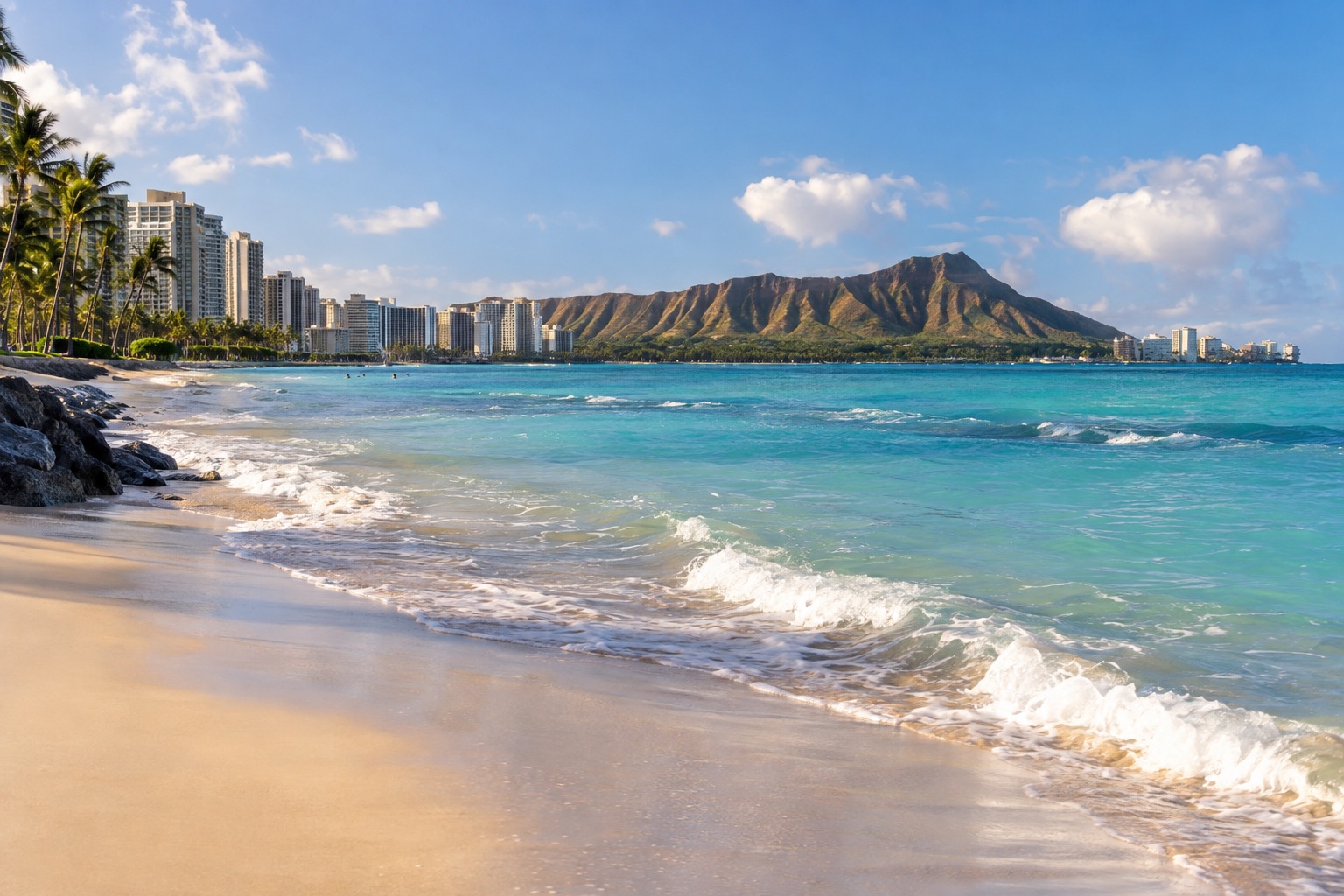 A long stretch of pale sand and turquoise water along Kailua Beach on Oahu's windward coast