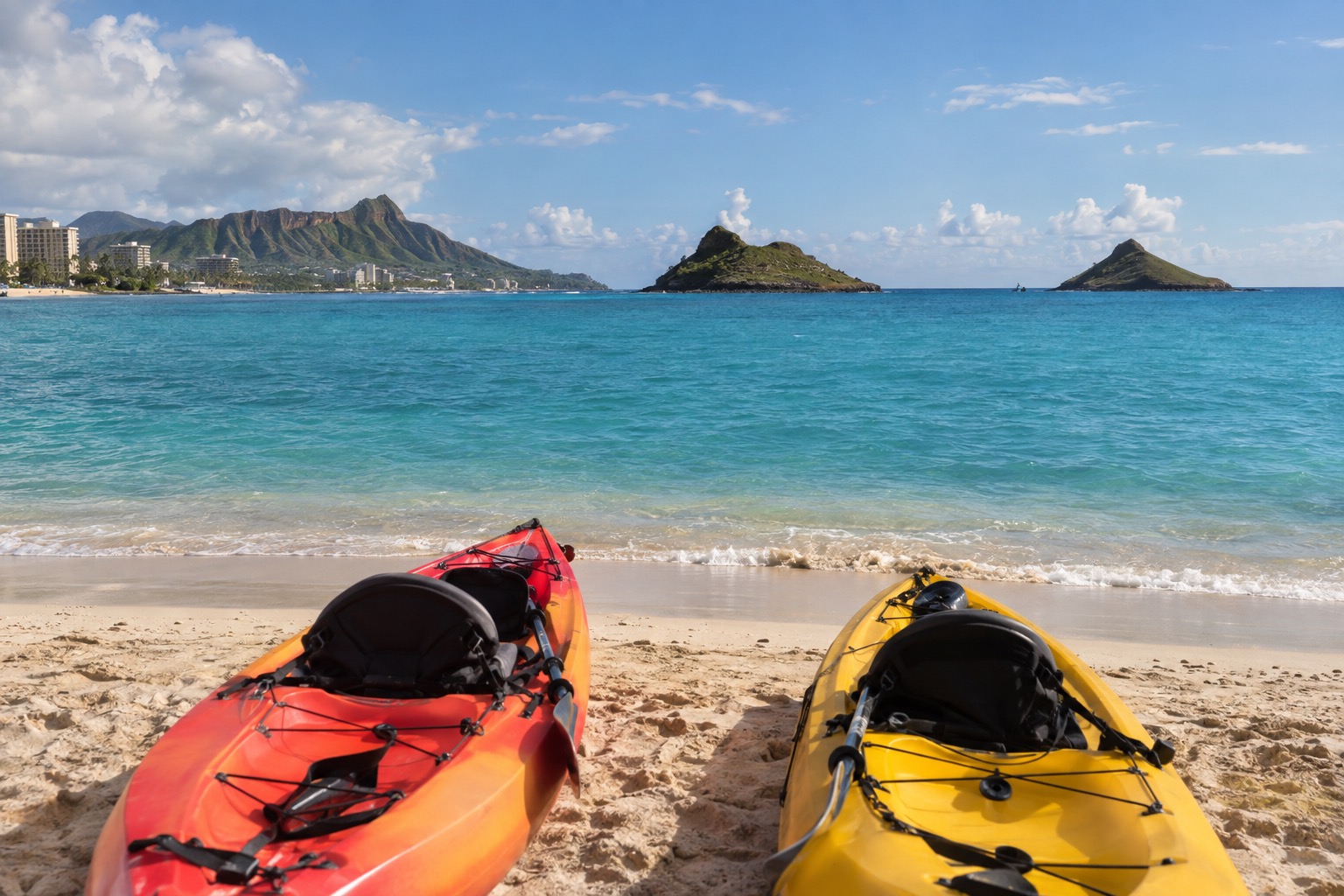 Kayaks pulled up on the sand facing two small green islets offshore