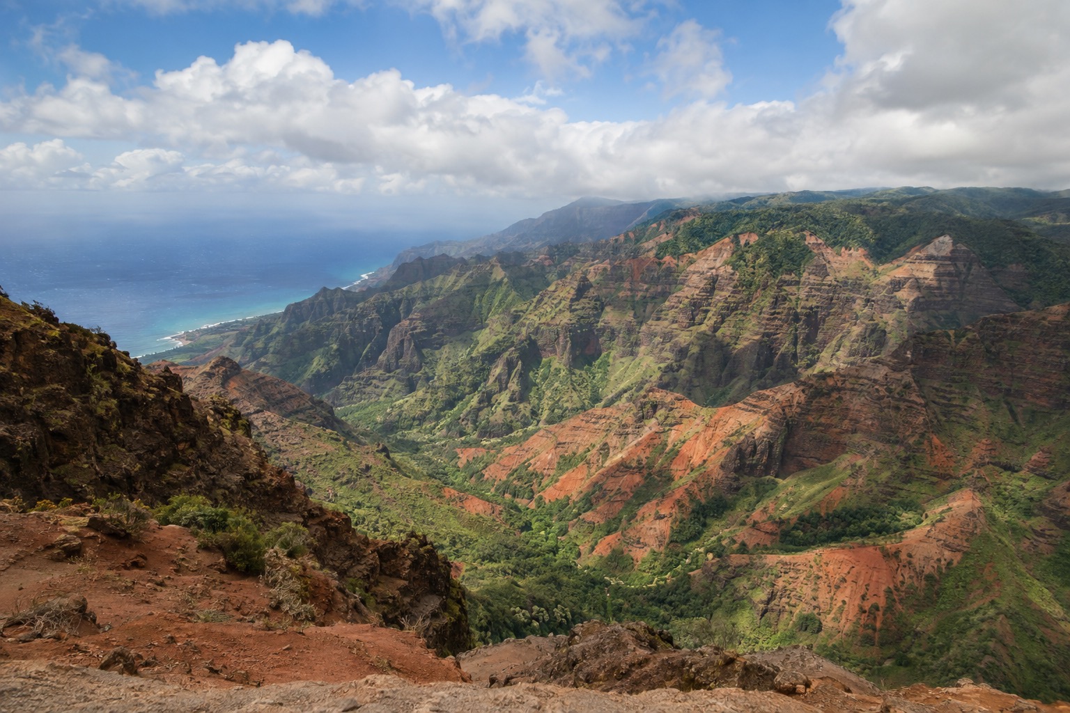 A lookout over the deep red-walled gorge of Waimea Canyon on Kauai's west side under a partly cloudy sky