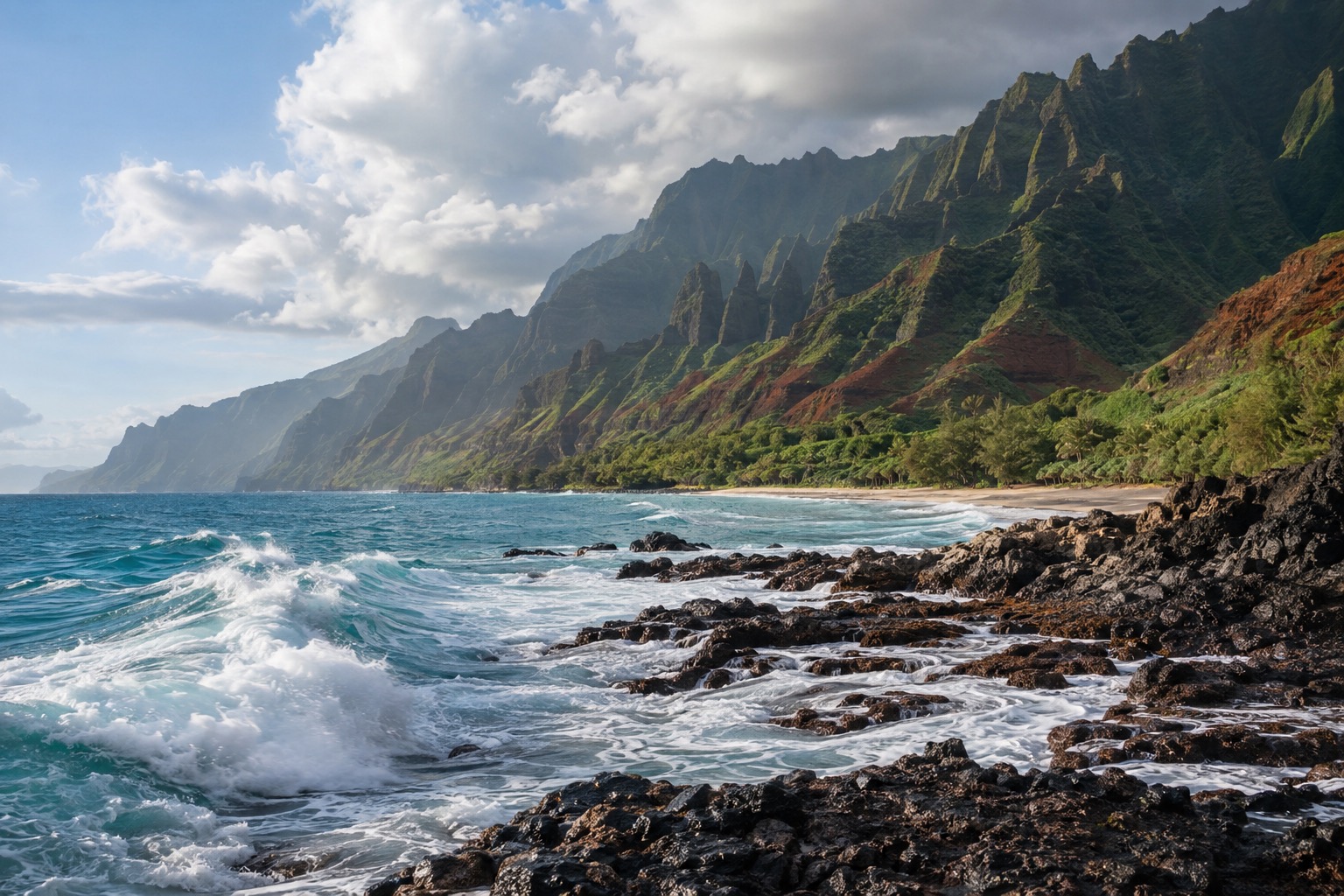 Waves breaking along a rocky stretch of Kauai's coastline under a partly cloudy December sky