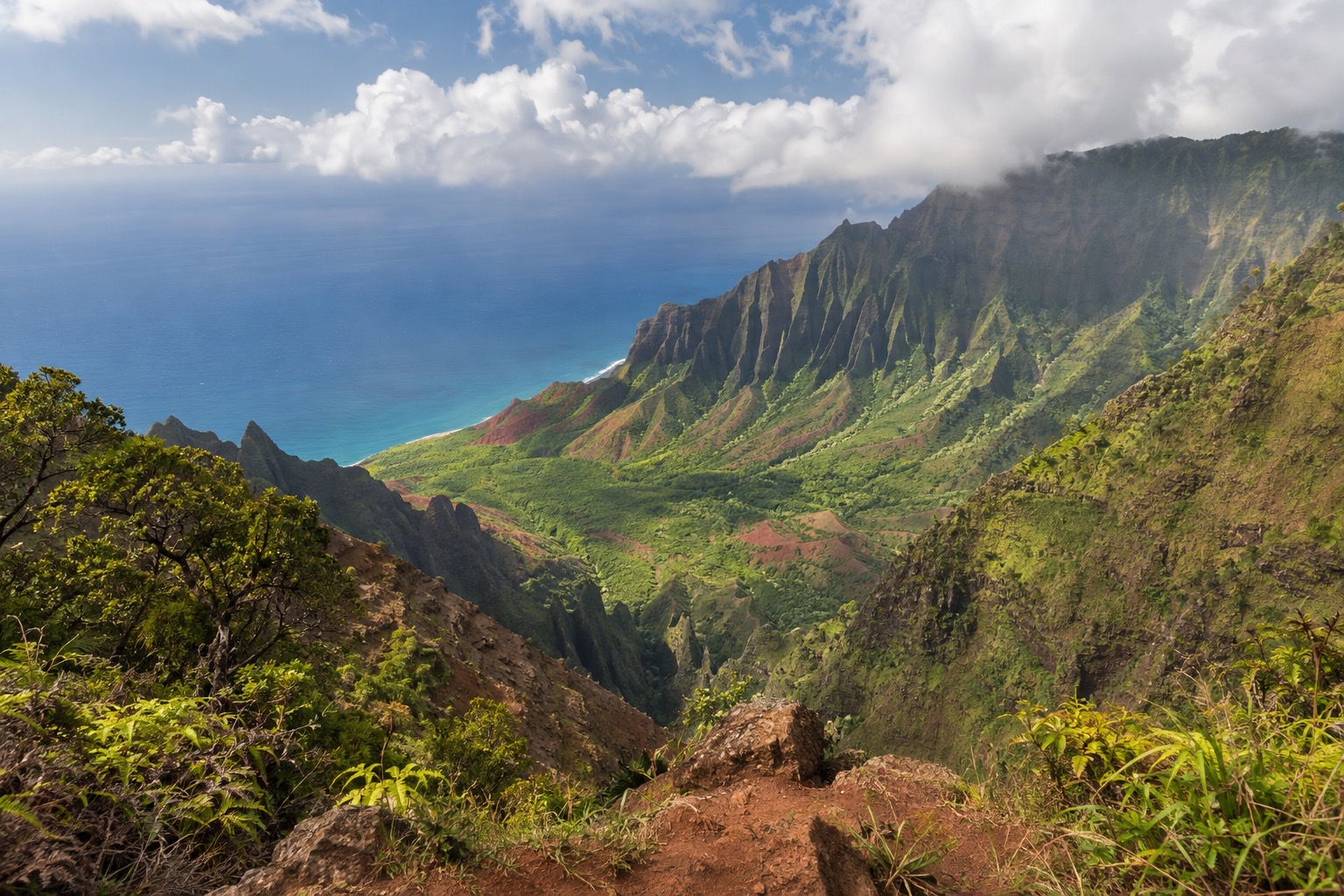A canyon of red and green ridges cut by a river under a partly cloudy sky, seen from an overlook trail