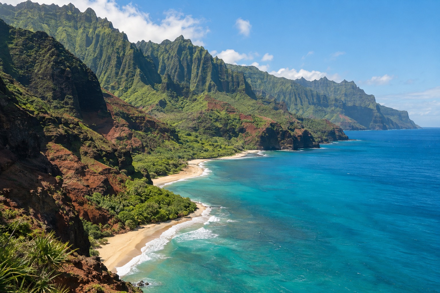 A calm turquoise bay on Kauai's south shore under a clear July sky, with a rocky point in the distance