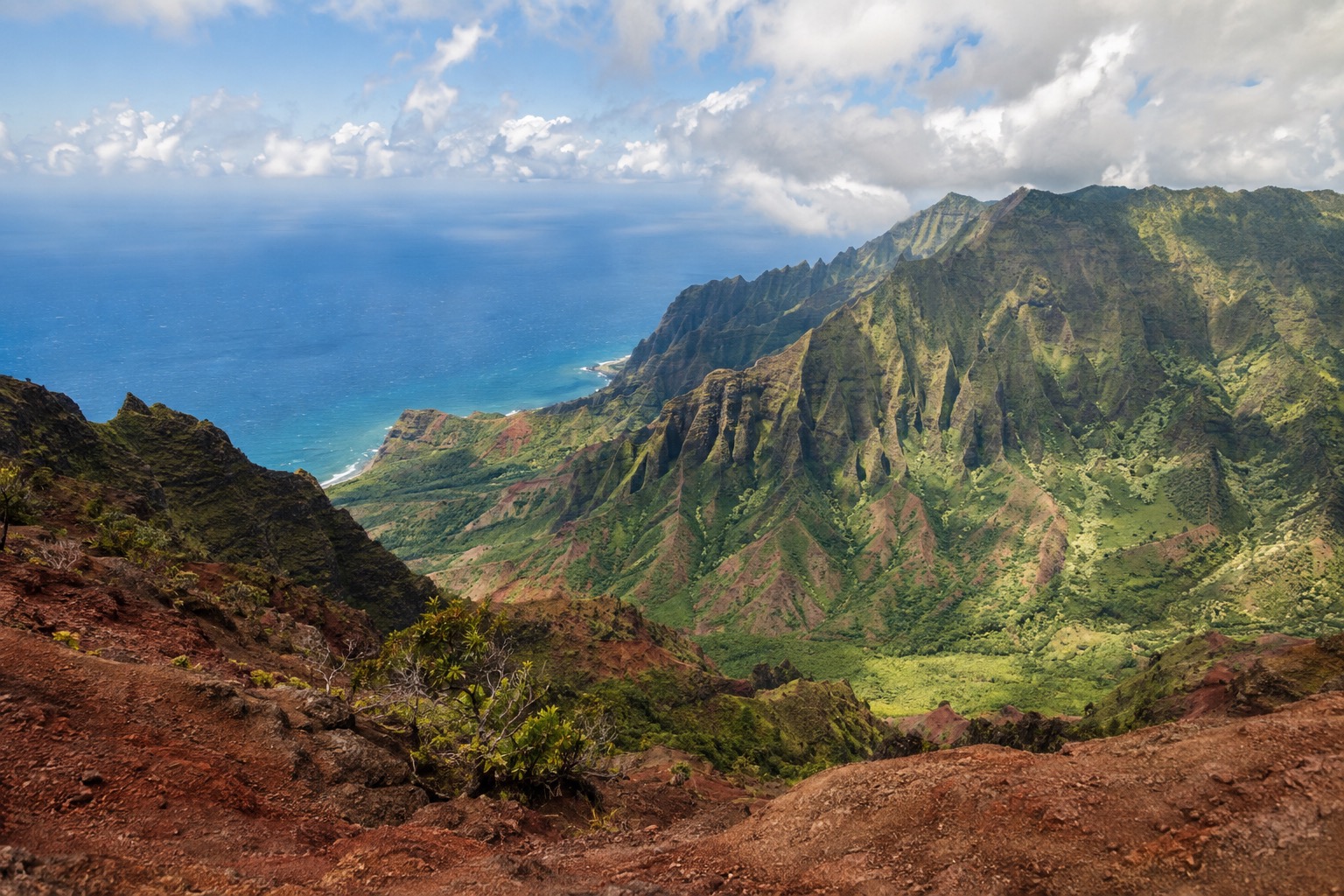 Waimea Canyon's layered red and green cliffs under a partly cloudy sky, Kauai