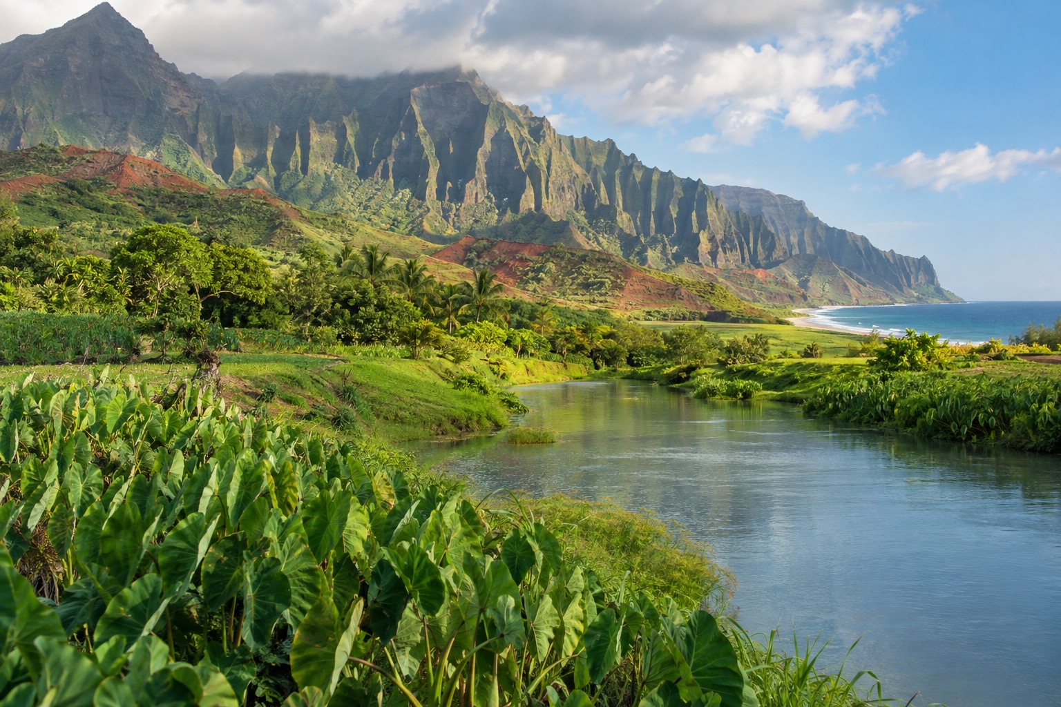 A wide green river bordered by taro fields with mountains rising in the background