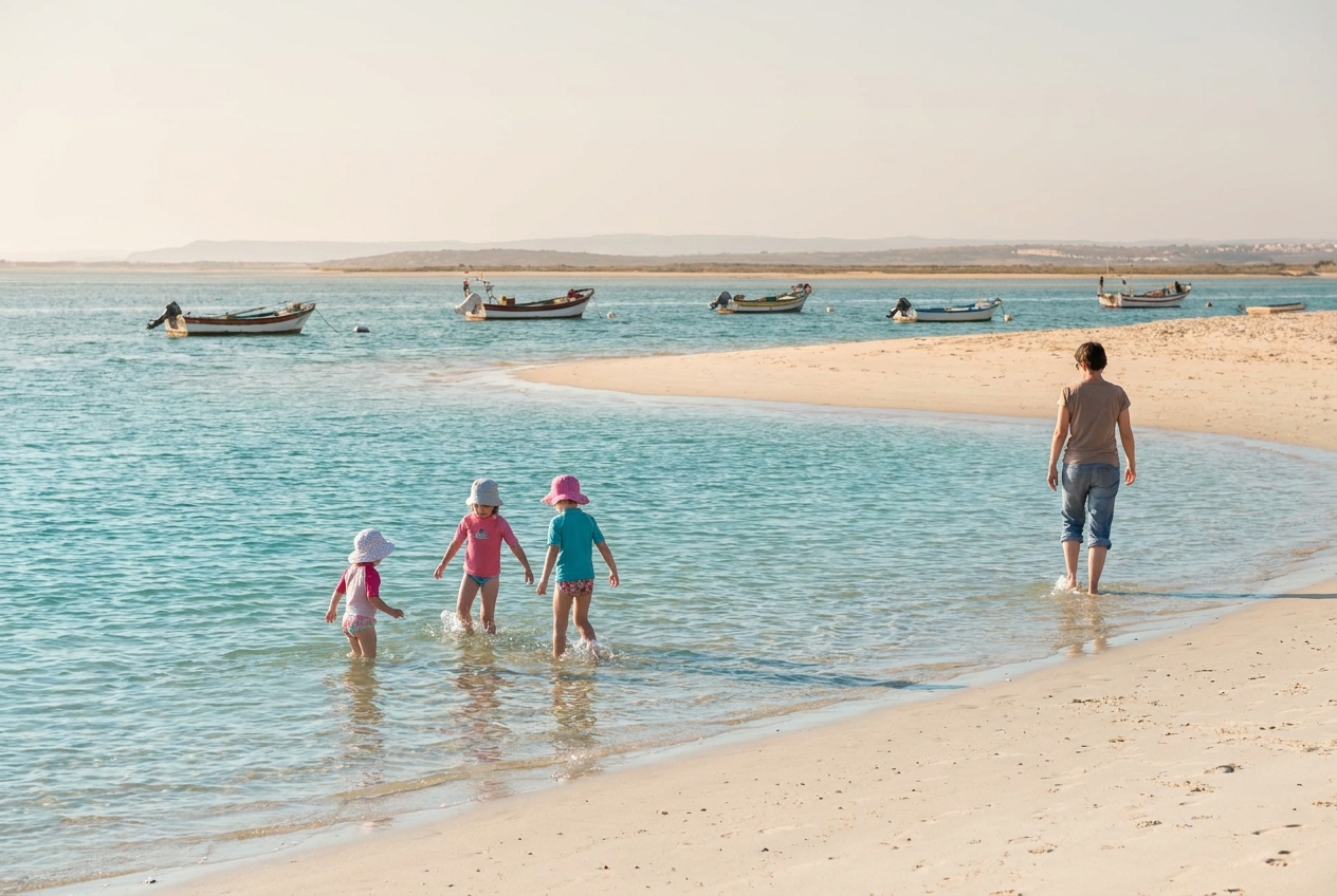 Young children playing in calm knee-deep water of a Ria Formosa lagoon beach in the eastern Algarve