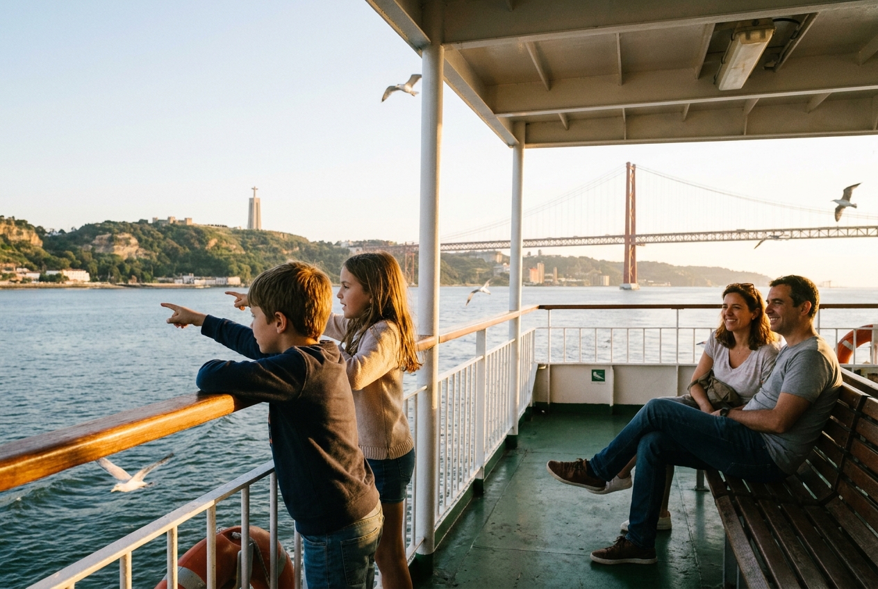 Two kids pointing at the Lisbon skyline from the deck of the Cacilhas ferry, parents on the bench behind