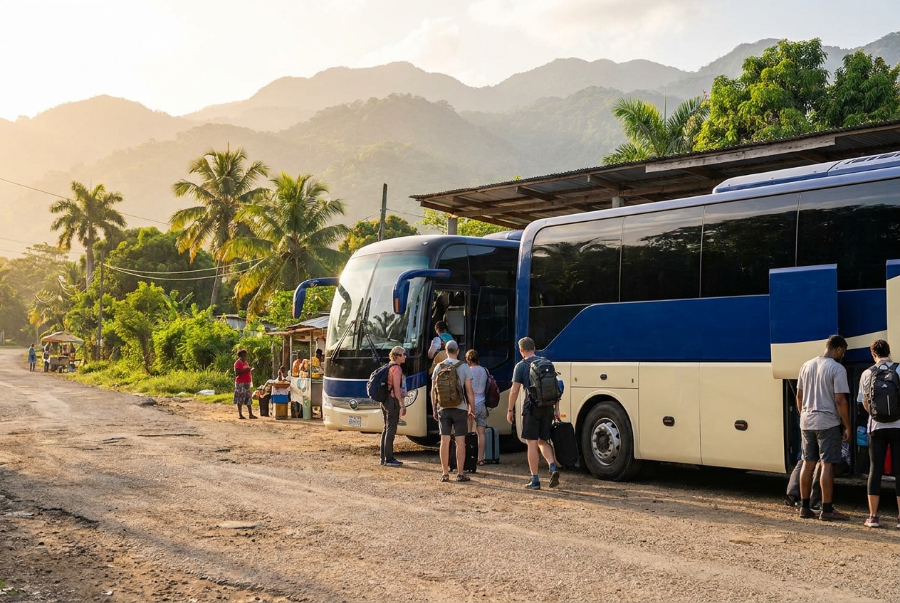 Travelers boarding a modern intercity coach at a Jamaican stop with mountains behind