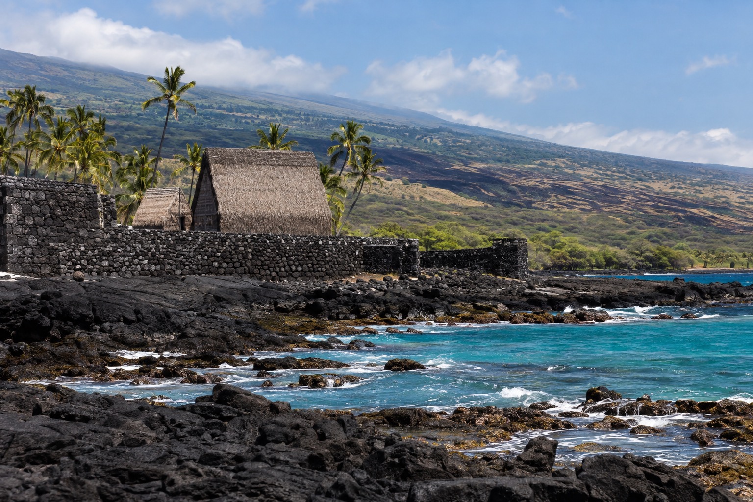 Stone walls and thatched structures at a Hawaiian historical site beside a lava coastline