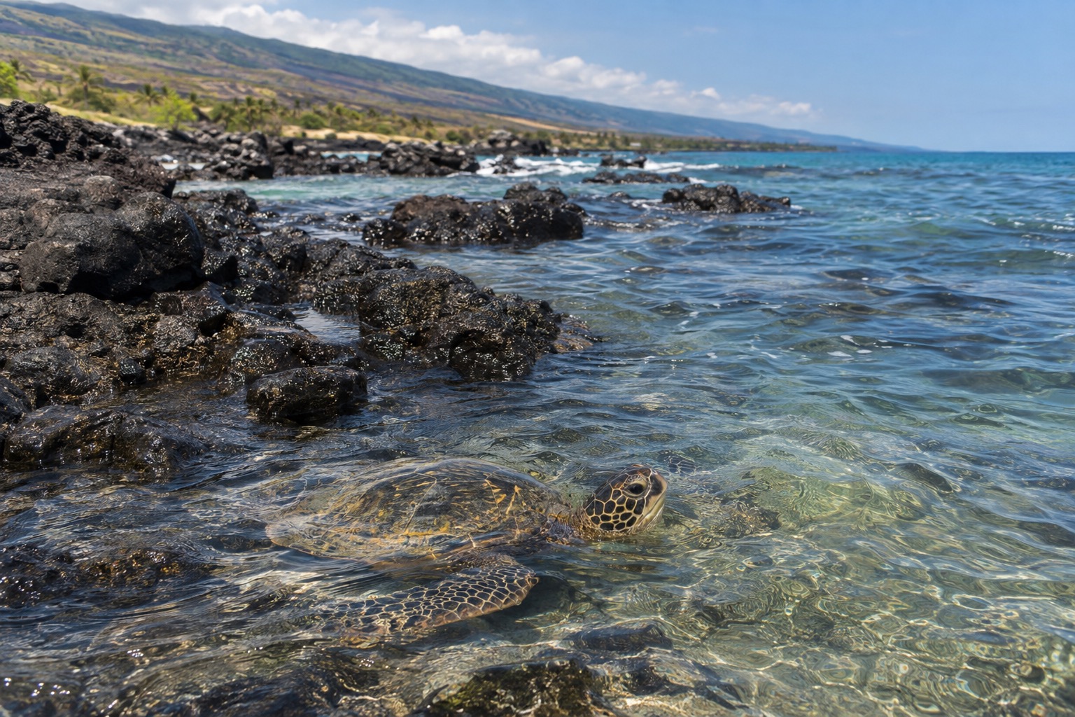 A green sea turtle resting near black lava rocks in shallow water off the Kona coast
