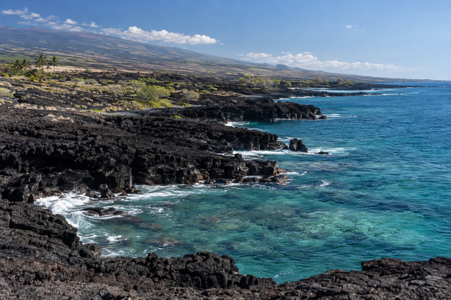 Black lava shoreline meeting turquoise water along Kona's leeward coast
