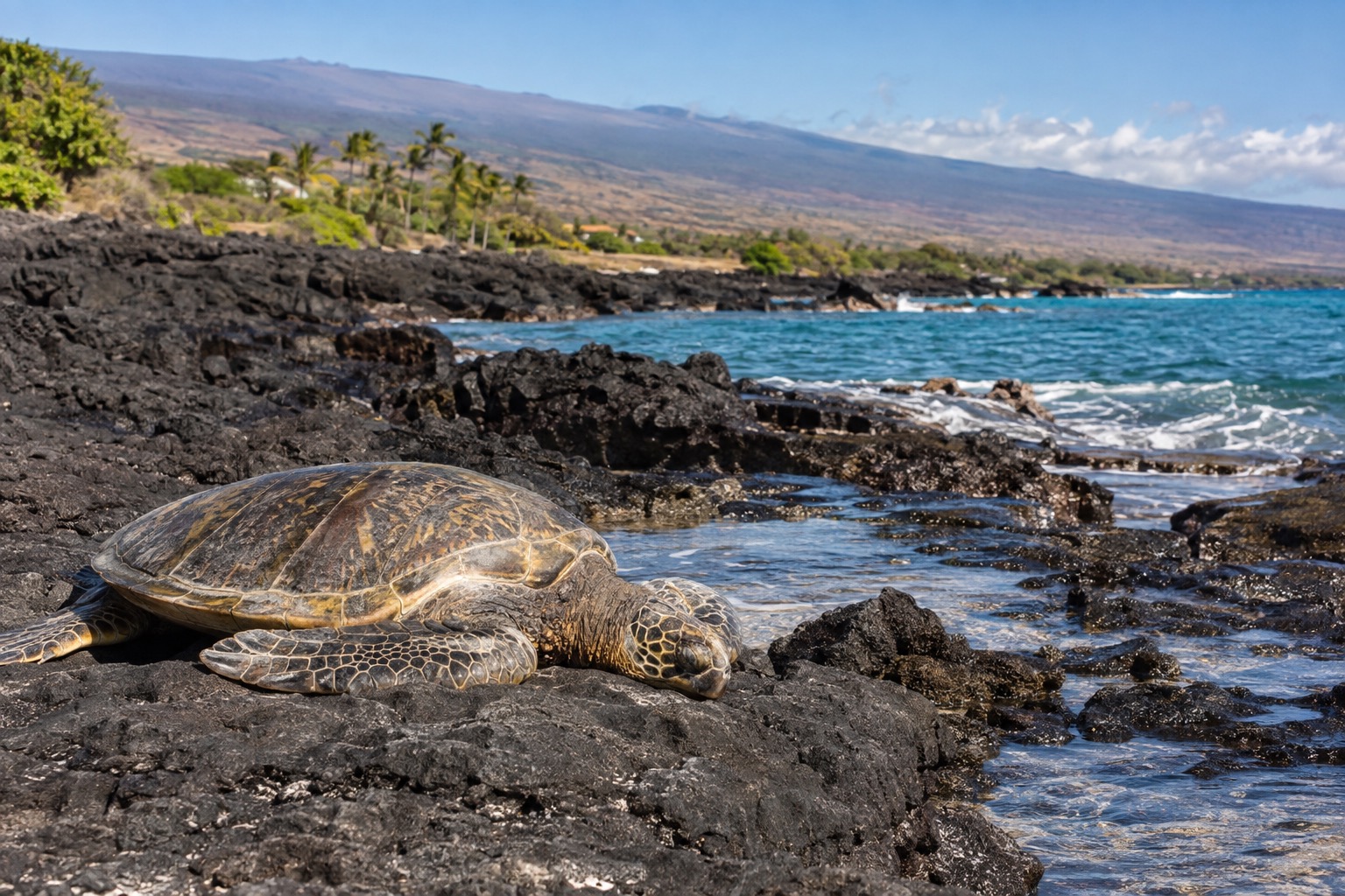 A green sea turtle resting on a black lava shoreline in Kona