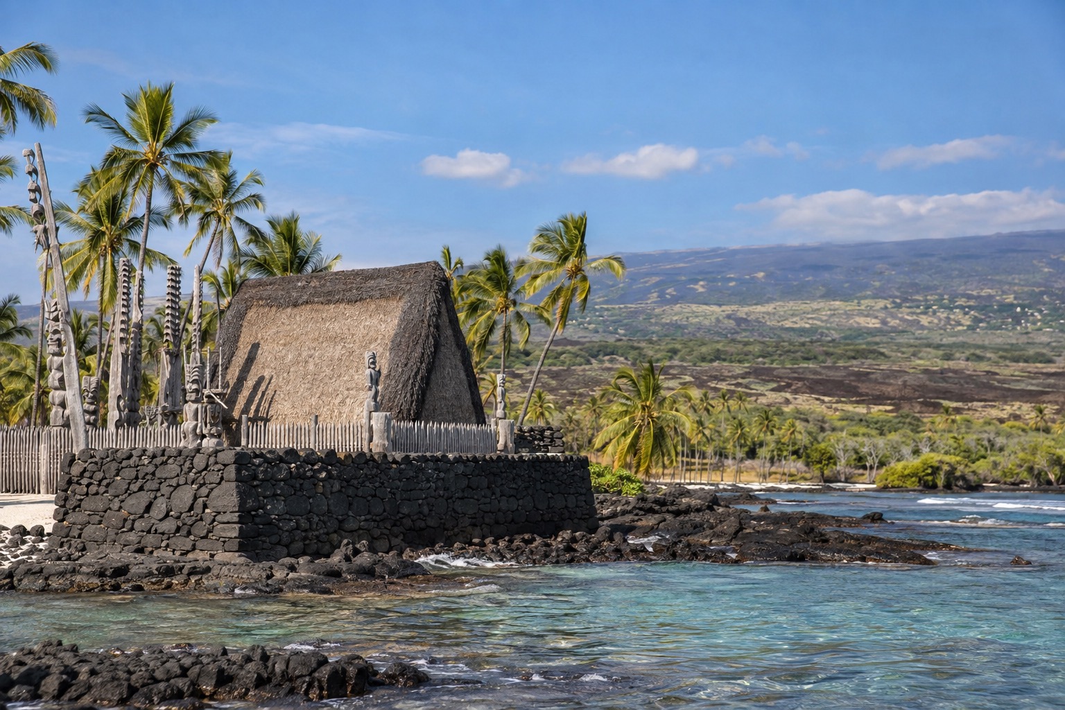 A stone platform and thatched structures at a historic Hawaiian coastal site with palm trees and calm water
