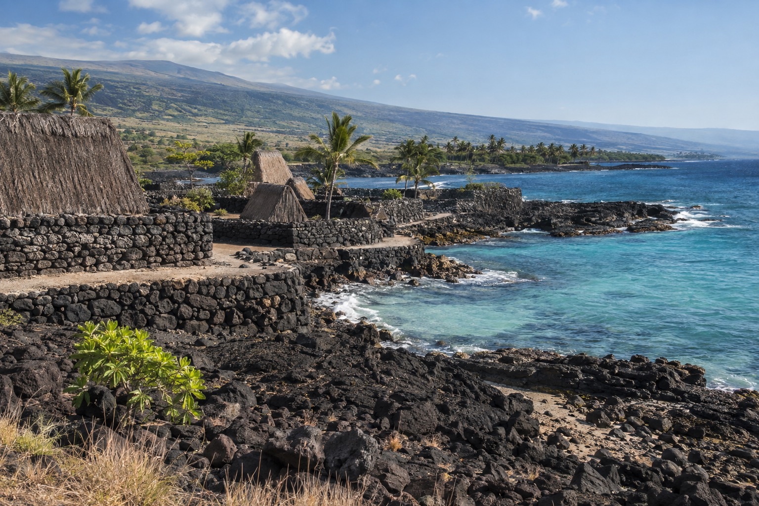 Stone walls and thatched shelters at a coastal Hawaiian heritage site