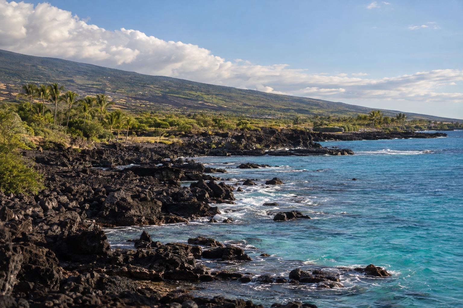Black lava coastline meeting turquoise water along the Kona coast in soft afternoon light