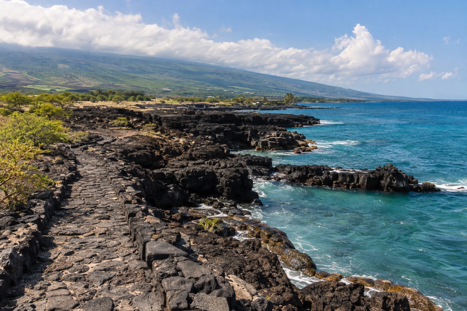 Stone platform and coastal trail at a historic Hawaiian site near Kailua-Kona